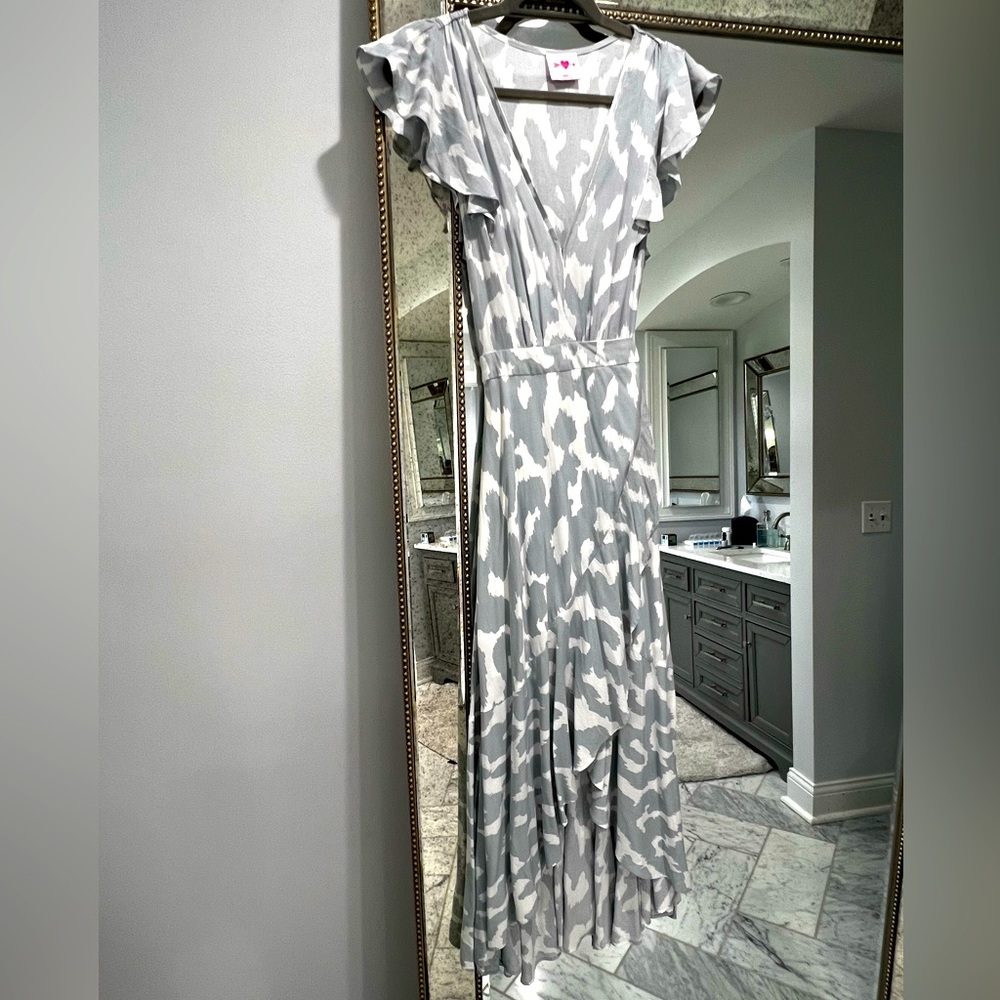 Buddy Love White and Gray Ruffled Wrap Sundress